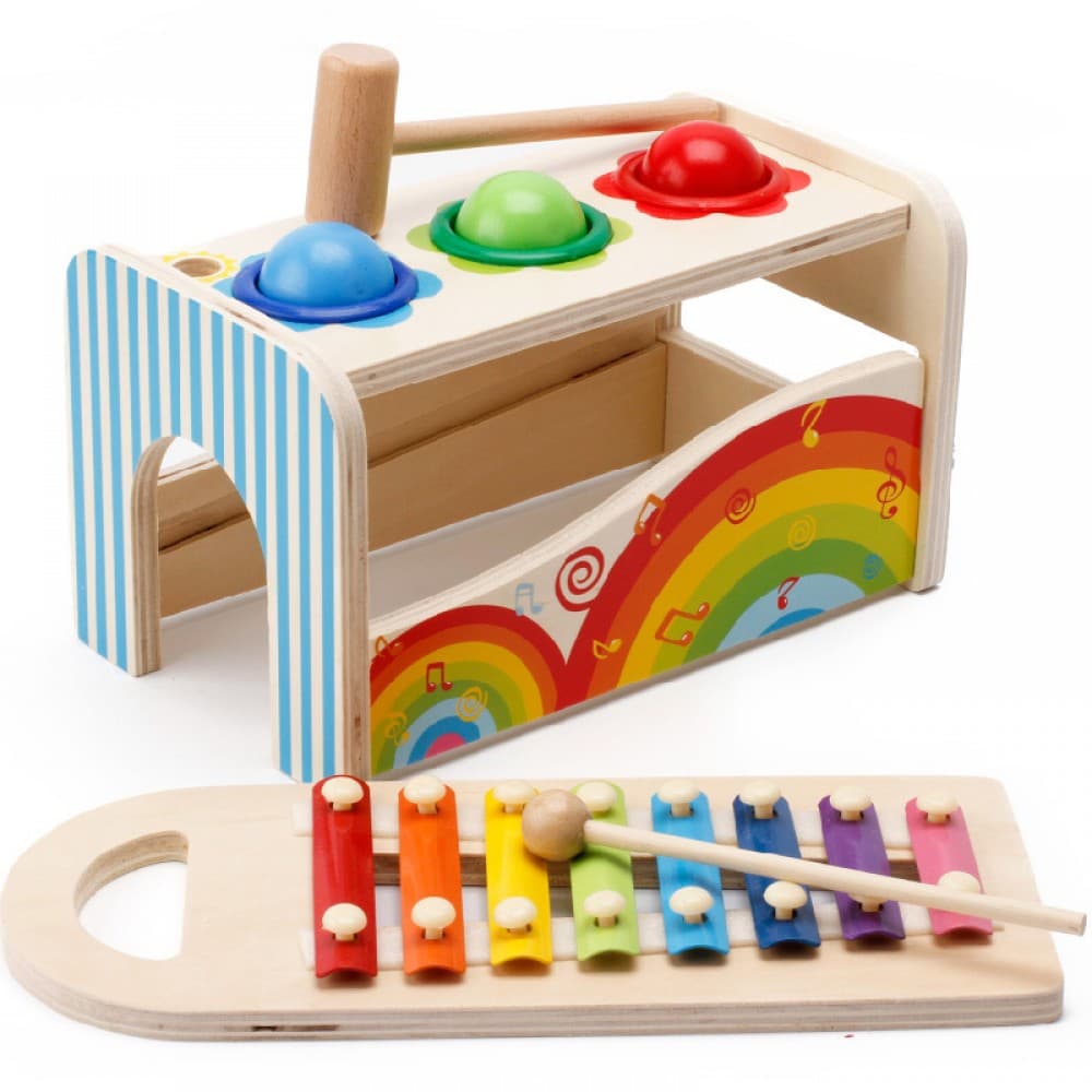 Jucarie interactiva Montessori, cu ciocan, bile si xilofon din lemn