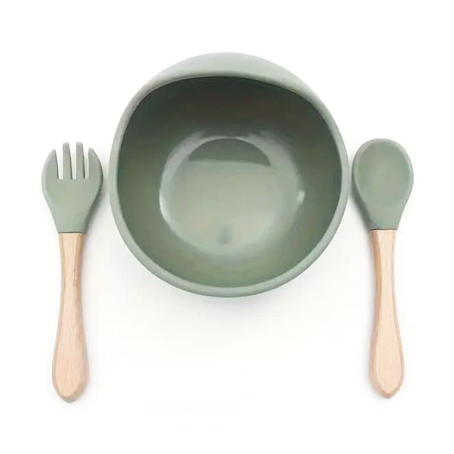 Set hranire bebelusi si copii, pentru diversificare din silicon, BPA free, 6+ luni, bol si tacamuri