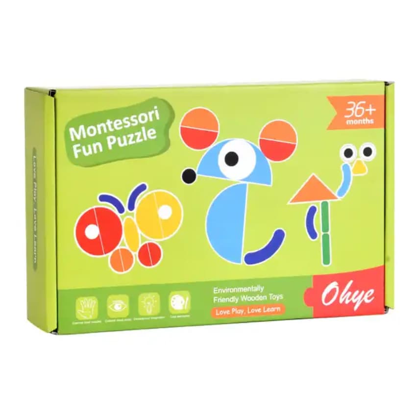 Joc educativ Tangram cu 30 piese geometrice multicolore din lemn, Montessori