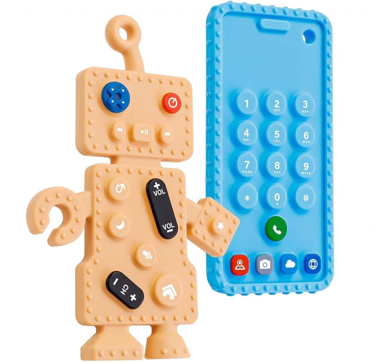 Set 2 jucarii pentru dentitie in forma de telefon/robotel, Silicon