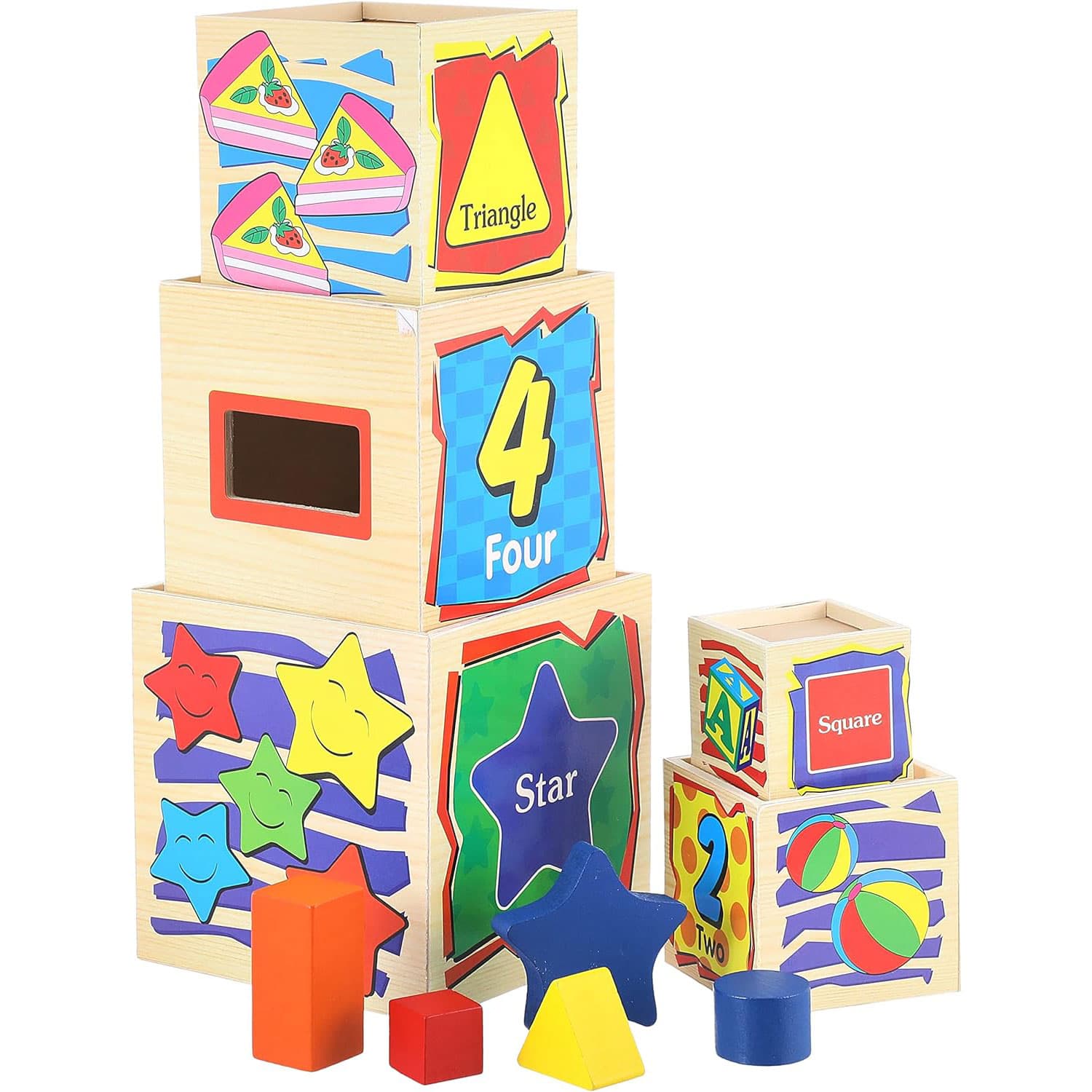 Jucarie educativa si senzoriala Montessori, tip turn, din lemn, 5 cuburi