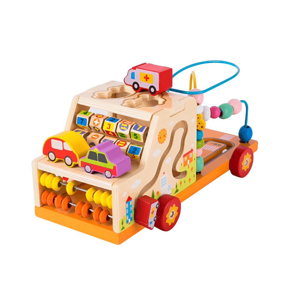 Camion educativ multifunctional Montessori 4 in 1, din lemn, abac, circuit, potrivire si calculator
