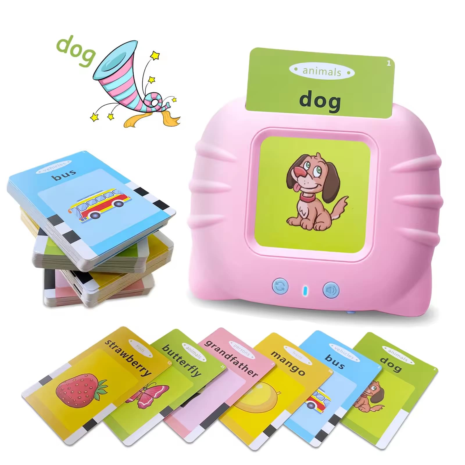 Jucarie educativa Montessori pentru copii, aparat de invatat cuvinte in limba engleza cu cititor de carduri flash, 224 de cuvinte, 112 carduri, incarc