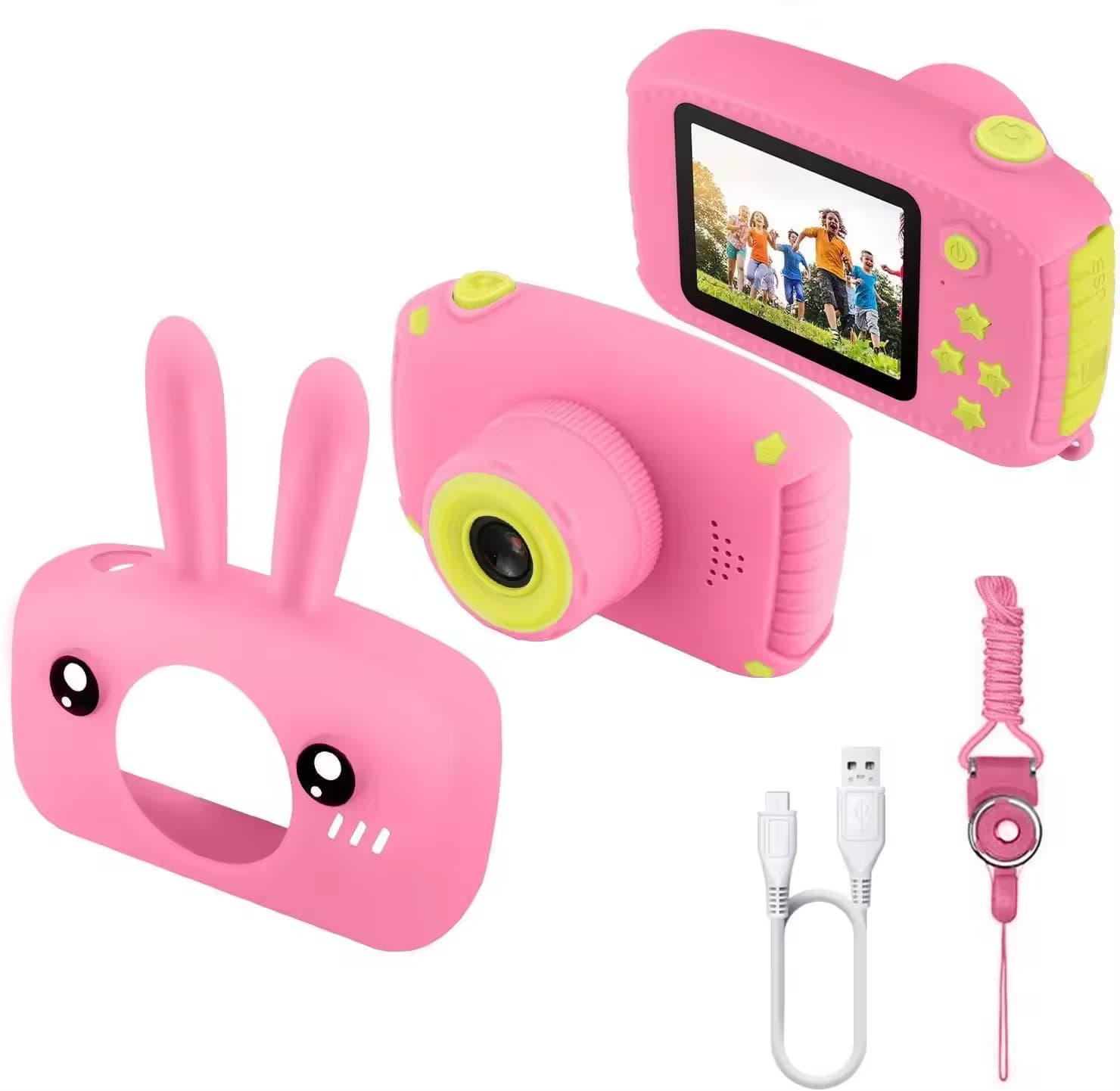 Camera foto copii, 1080P 30fps, 20Mp, LCD display 2.0", 600 mAh, Jocuri, Temporizator, Constructie durabila, ABS/Silicon, Iepurasul Roz