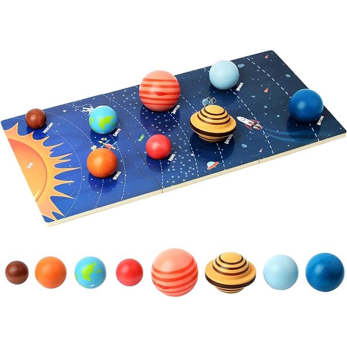 Sistemul Solar din lemn cu 8 Planete si 3 planse, Montessori