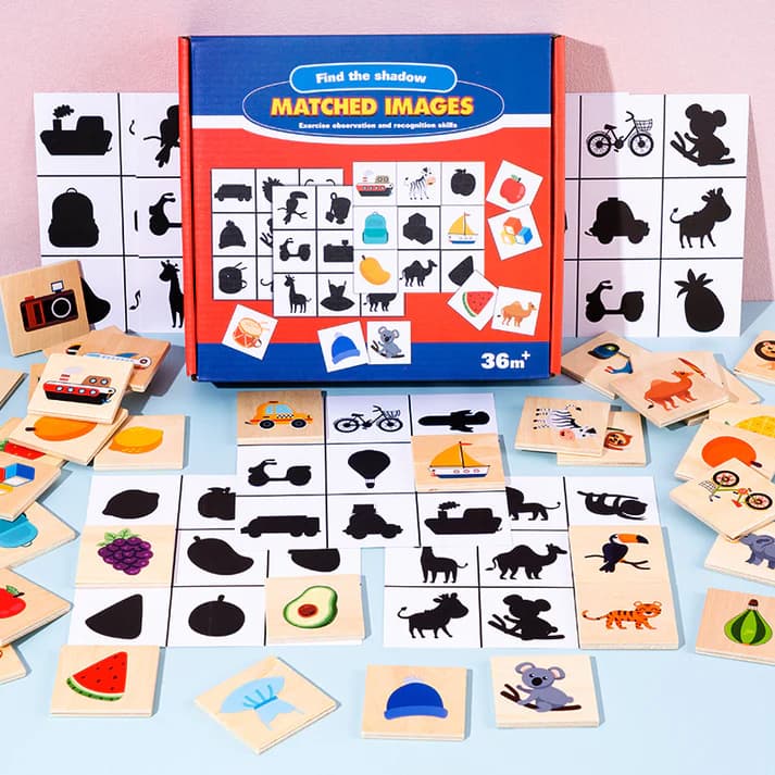 Joc interactiv pentru copii, jocul umbrelor, joc de asociere si memorie, Montessori din lemn