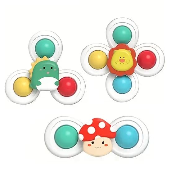 Set 3 Jucarii Interactive pentru Bebelusi, Spinner cu Ventuza de Prindere, Zornaitoare