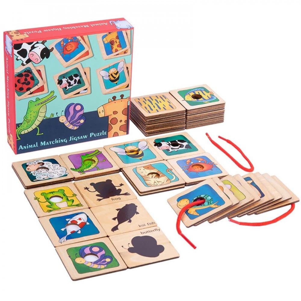 Joc de asociere cu umble, 4 in 1, snuruit cu animale din lemn, Montessori