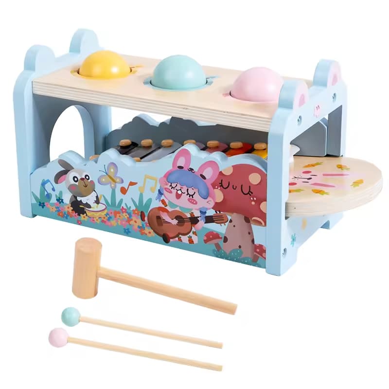 Jucarie interactiva cu ciocan, bile si xilofon din lemn, Montessori