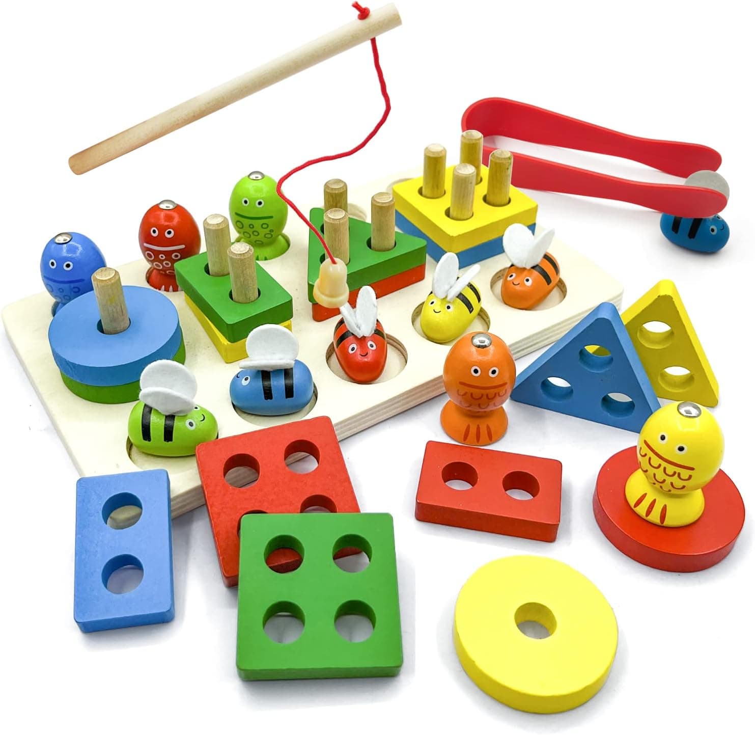 Joc de pescuit 2 in 1, sortator forme si pescuit, din lemn, Montessori