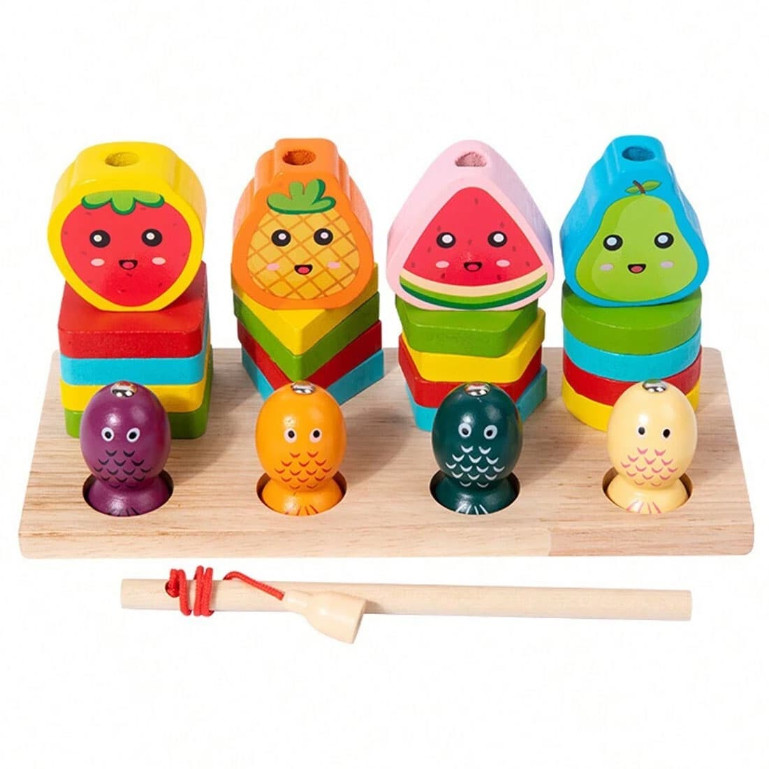 Joc de pescuit 2 in 1, sortator forme si pescuit, din lemn, Montessori, Fructe