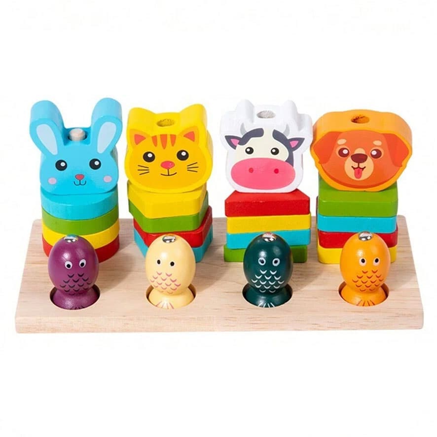 Joc de pescuit 2 in 1, sortator forme si pescuit, din lemn, Montessori, Animalute
