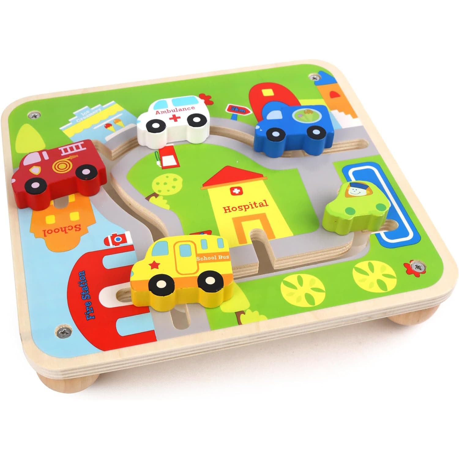Joc labirint cu piese 3D, Montessori din lemn, orasul cu masini