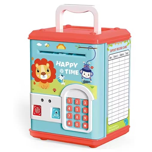 Pusculita ATM tip jucarie seif pentru copii, deschidere cu pin, senzor de miscare si card, sunete si lumina