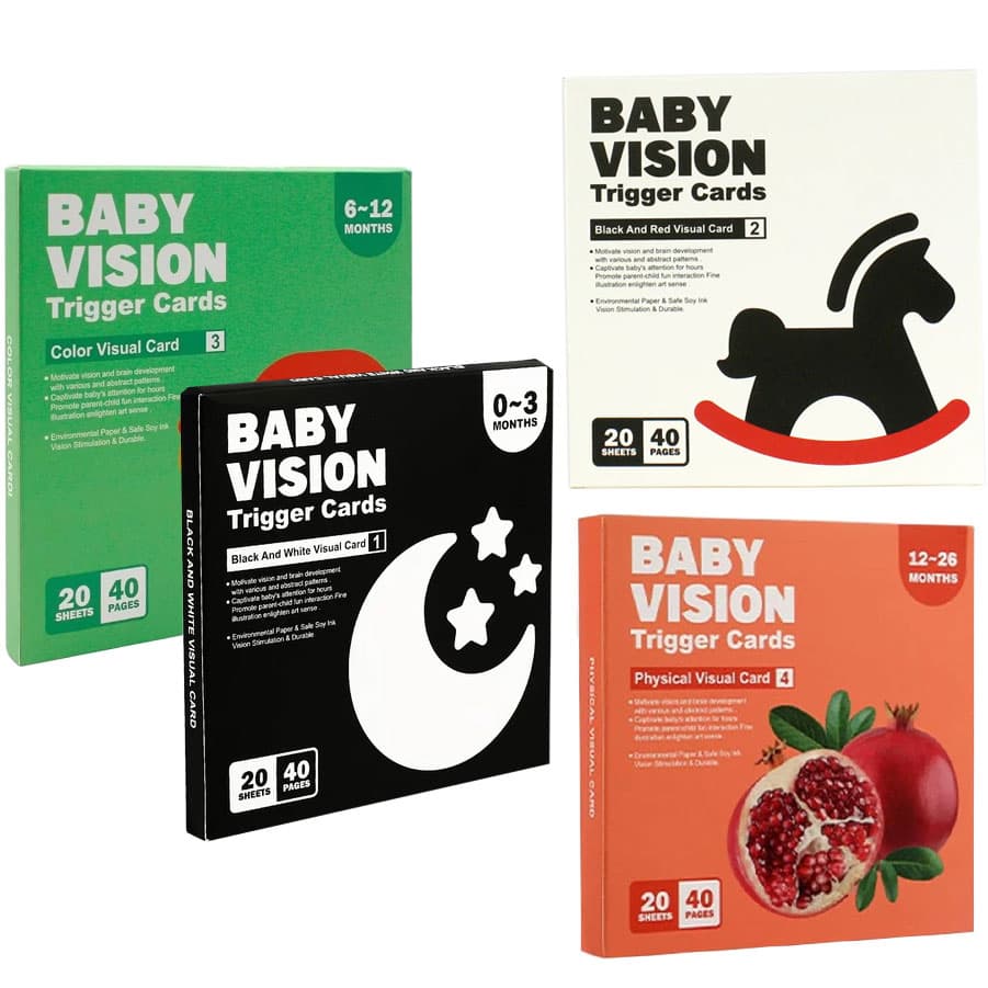 Set 4 carti pentru stimularea vizuala a bebelusului, imagini alb, negru, rosu si color, 0-36 luni