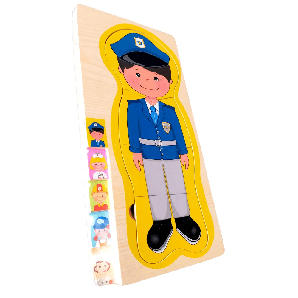 Puzzle Montessori din lemn in 5 straturi, potrivirea formelor, dezvoltarea imaginatiei, 17 piese, baiat
