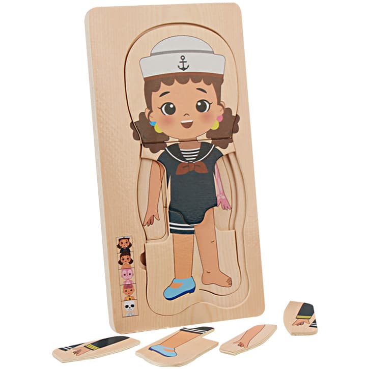 Puzzle Montessori din lemn in 5 straturi, potrivirea formelor, dezvoltarea imaginatiei, 17 piese, fata