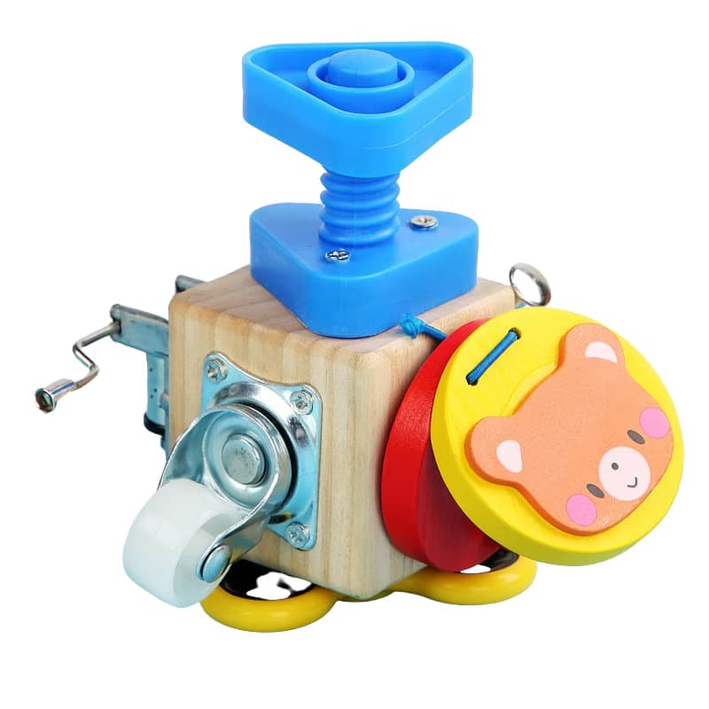Jucarie interactiva Cub Montessori cu activitati senzoriale si cutie muzicala, Busy cube multifunctional