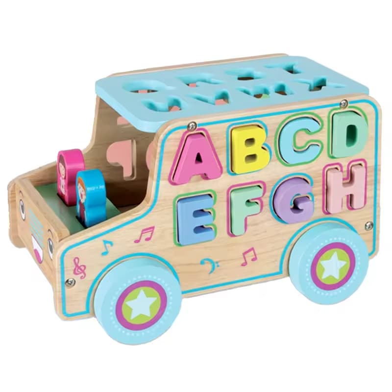 Masinuta de jucarie multifunctionala cu alfabet, din lemn, Montessori