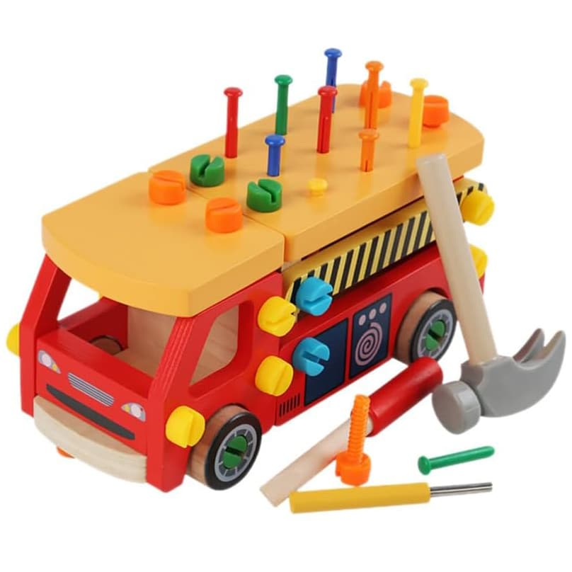 Masinuta de jucarie multifunctionala cu ciocanel, cuie din plastic si suruburi, Montessori, din lemn