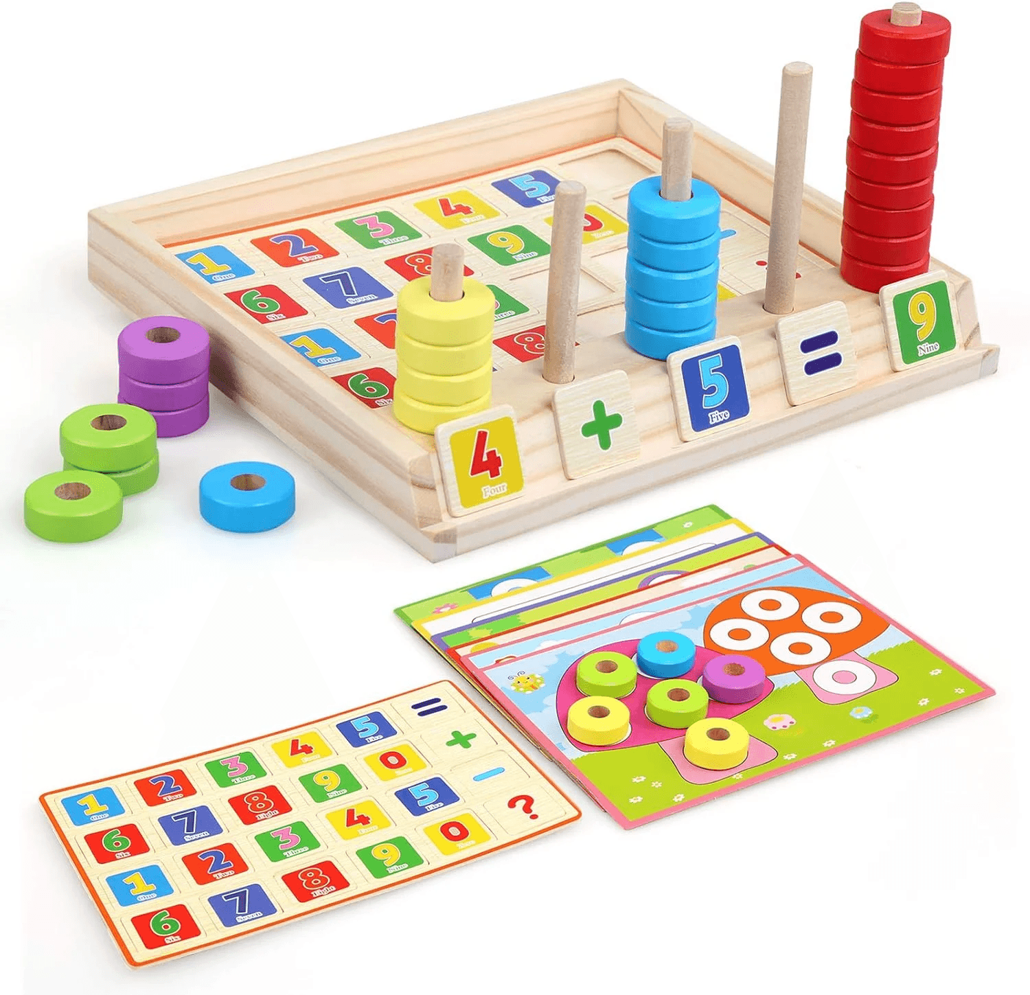 Joc multifunctional din lemn, Montessori, calcule matematice si mozaic cu inele