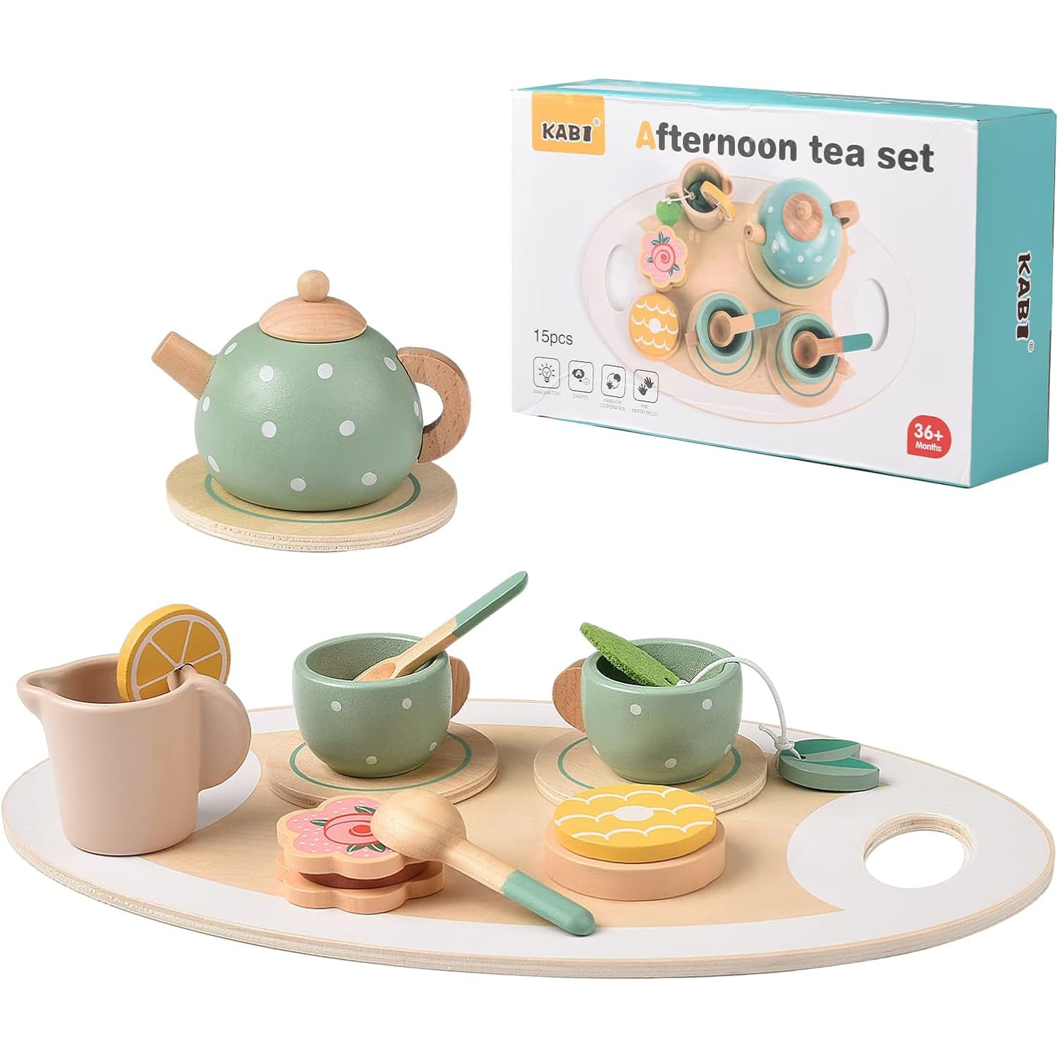 Set de ceai pentru copii cu accesorii incluse, Montessori, din lemn, 15 piese