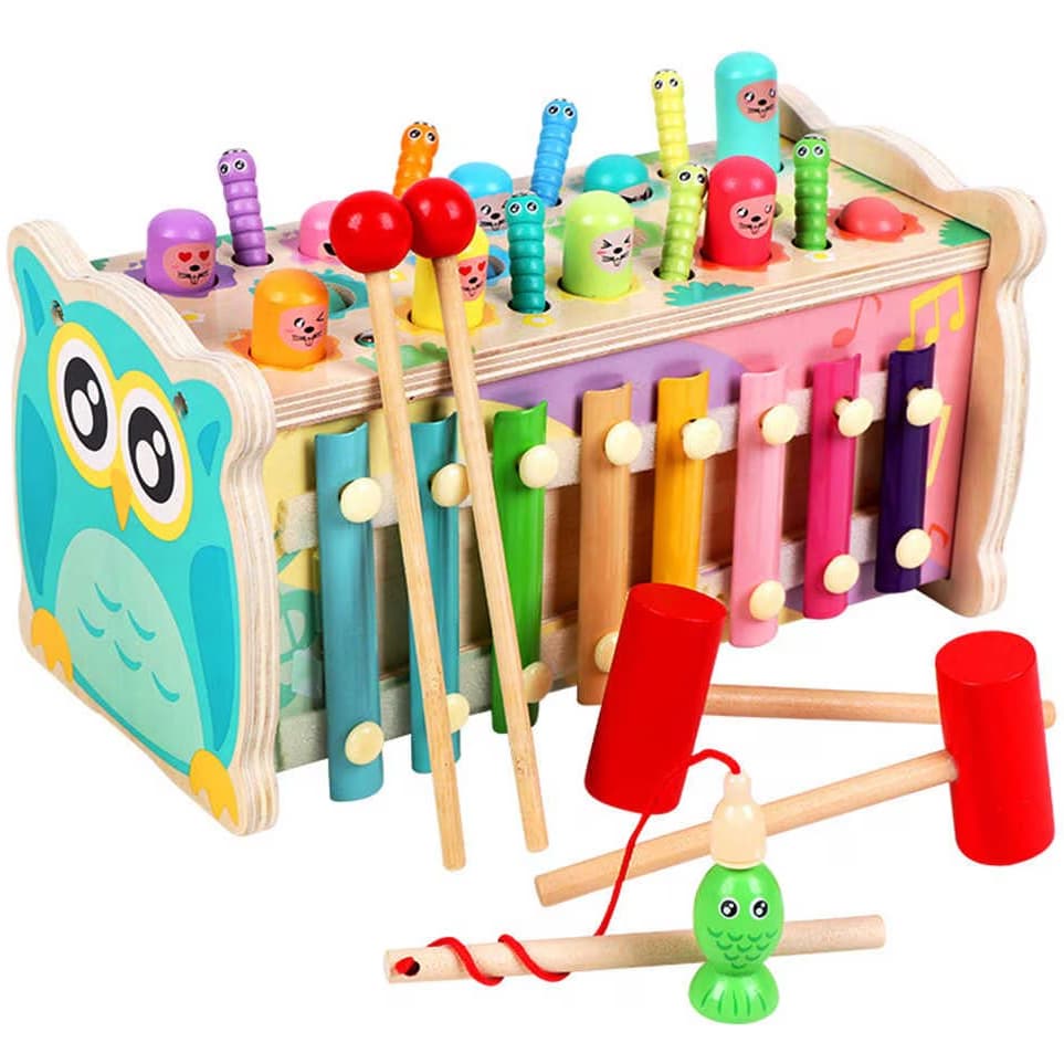 Jucarie din lemn 4 in 1 Banc de lucru cu ciocanel, Multifunctional, din lemn, Montessori, Bufnita Vesela