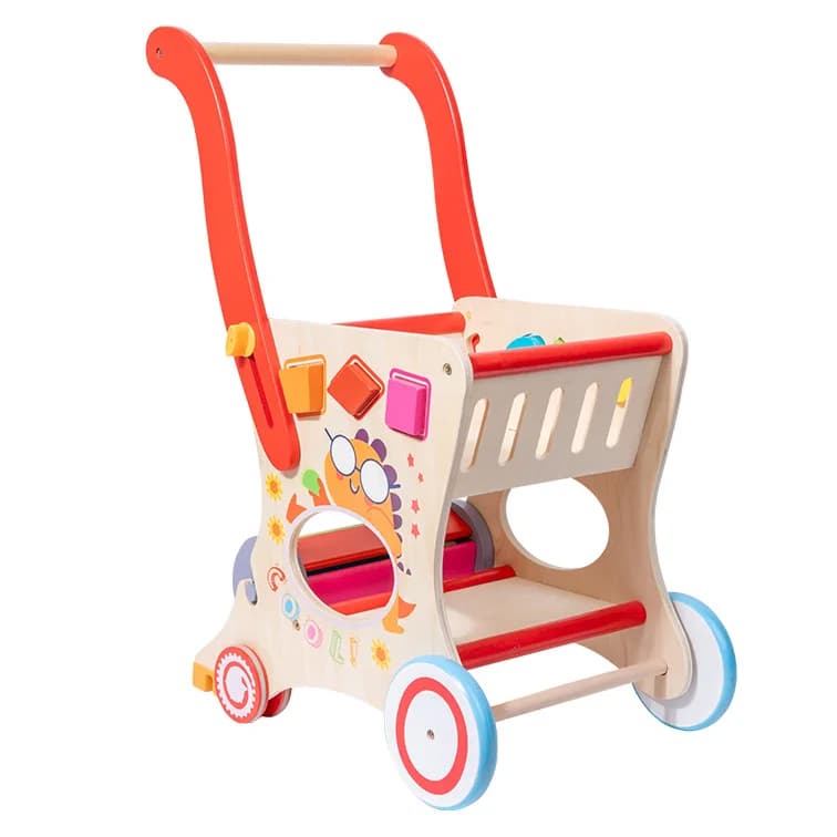 Carucior, premergator si cos de cumparaturi pentru copii, din lemn, Montessori, 3 in 1