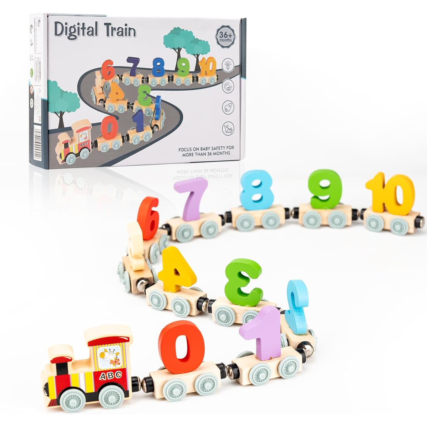 Tren din lemn cu 11 vagoane, cu cifre, Montessori
