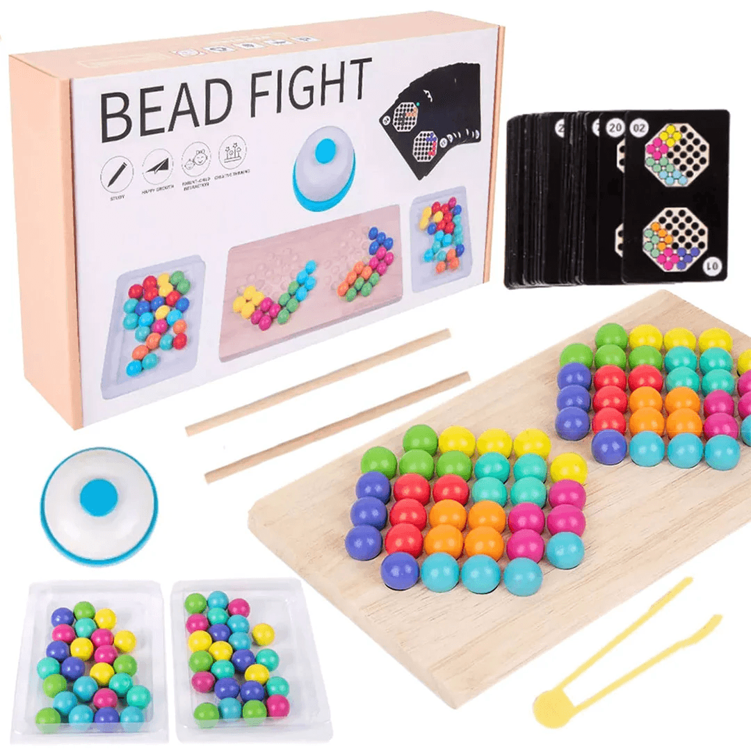 Joc de atentie, rabdare, sortare si indemanare, 64 bile colorate din lemn si accesorii, Montessori