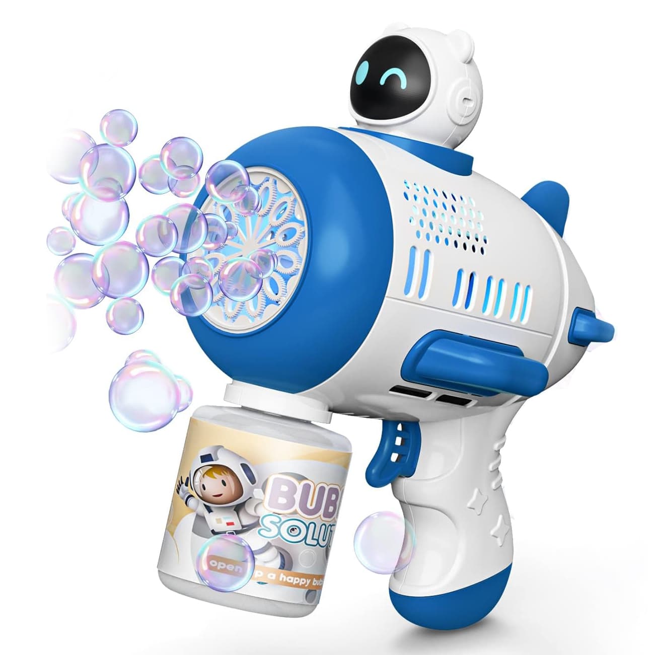Jucarie interactiva, Pistol cu bule de sapun, luminite si alimentare cu baterii, Albastru/Alb