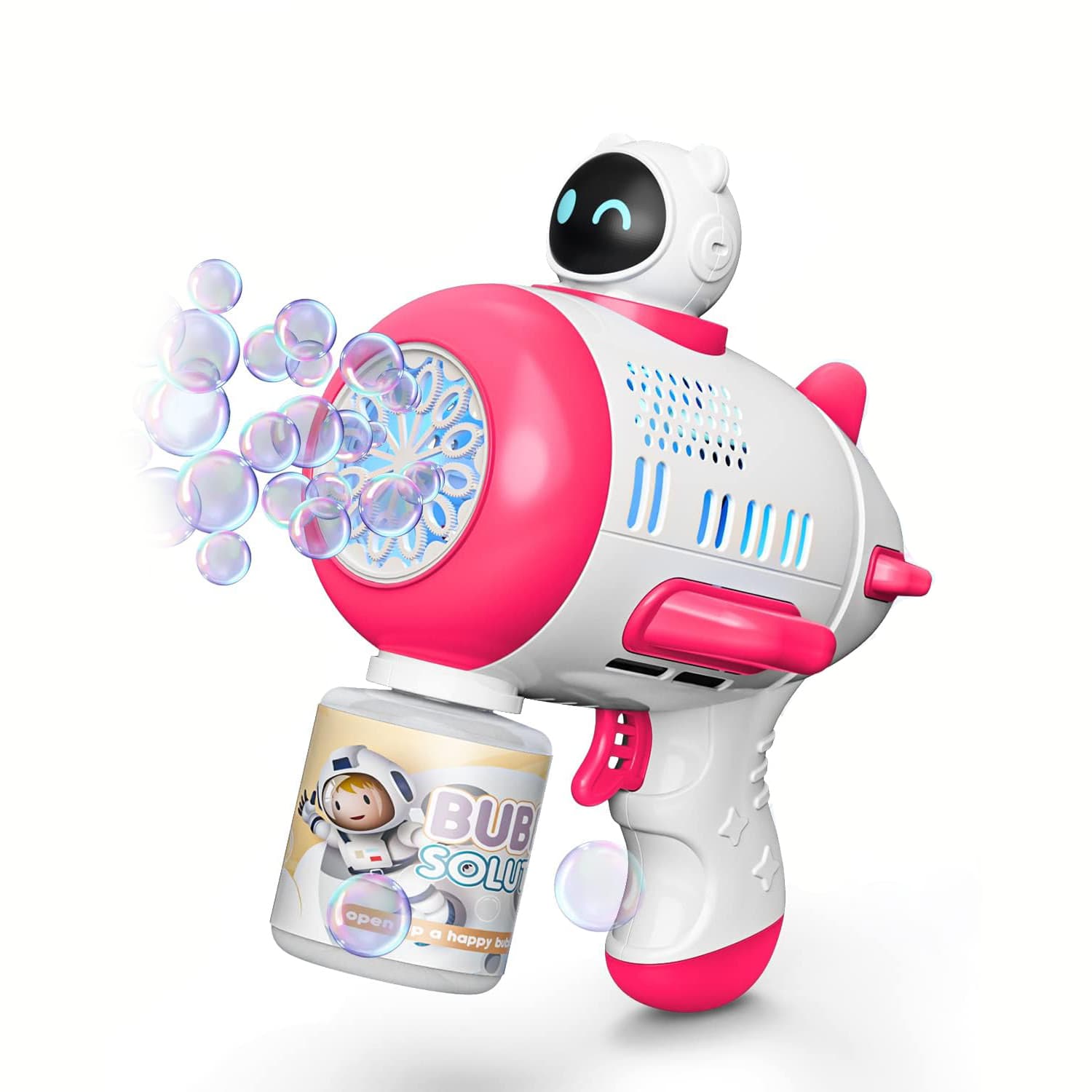 Jucarie interactiva, Pistol cu bule de sapun, luminite si alimentare cu baterii, Roz/Alb