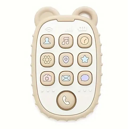 Mini telefon de jucarie pentru dentitie, din silicon, crem