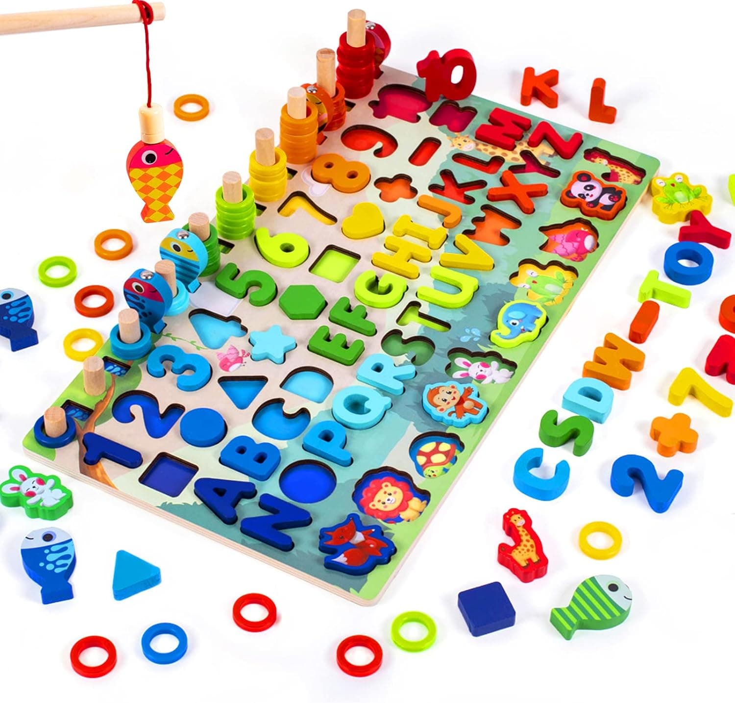 Joc 7 in 1 din lemn, Montessori logaritmic, litere, cifre, forme, animale salbatice, forme geometrice si pescuit magnetic