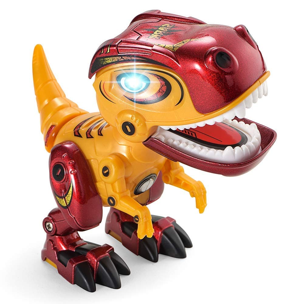Figurina Dinozaur din Metal, Misca capul si coada, Lumini si sunete realistice, 12cm, Galben