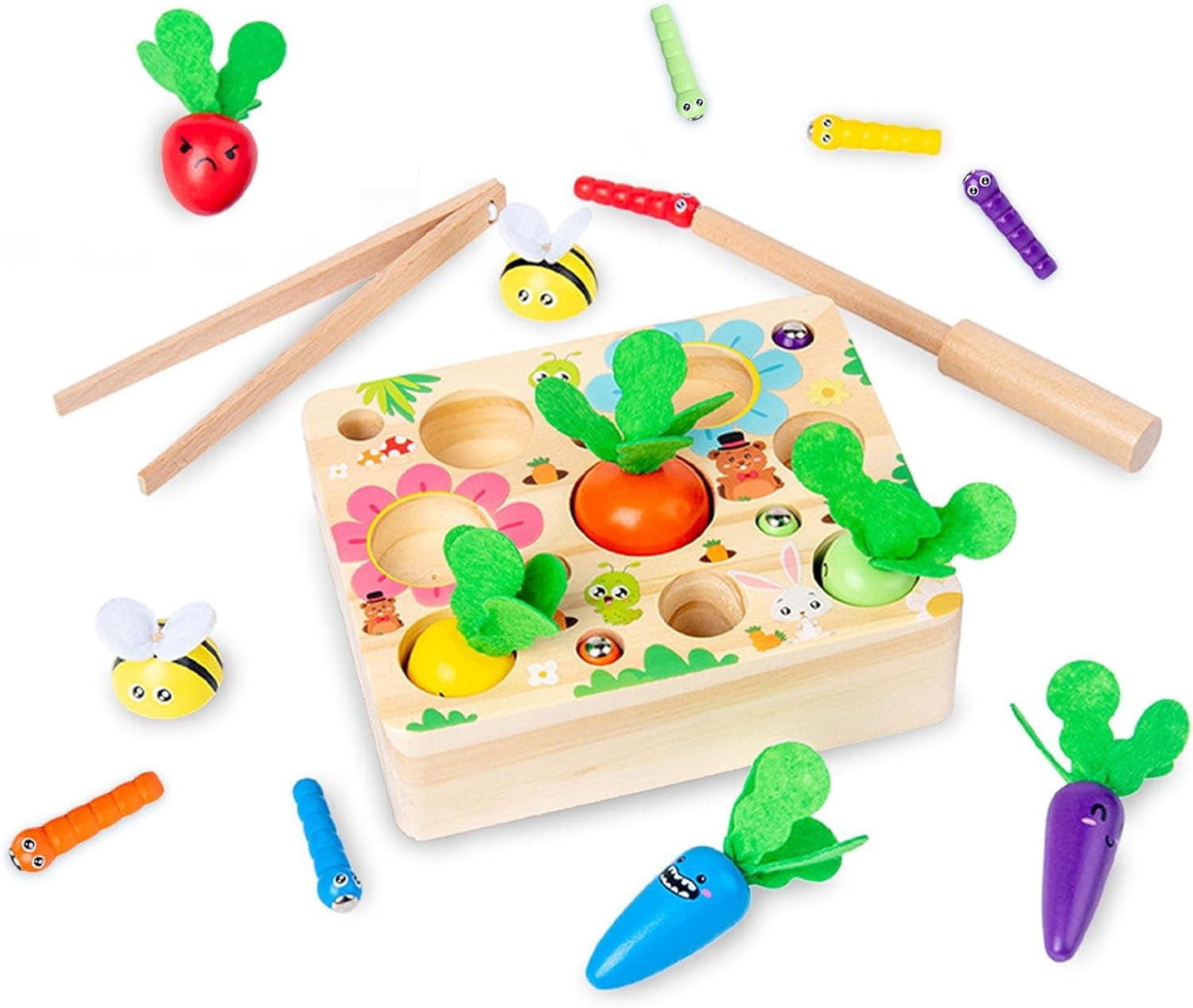 Joc de pescuit magnetic de indemanare si motricitate cu morcovi, albine si viermisori, Montessori