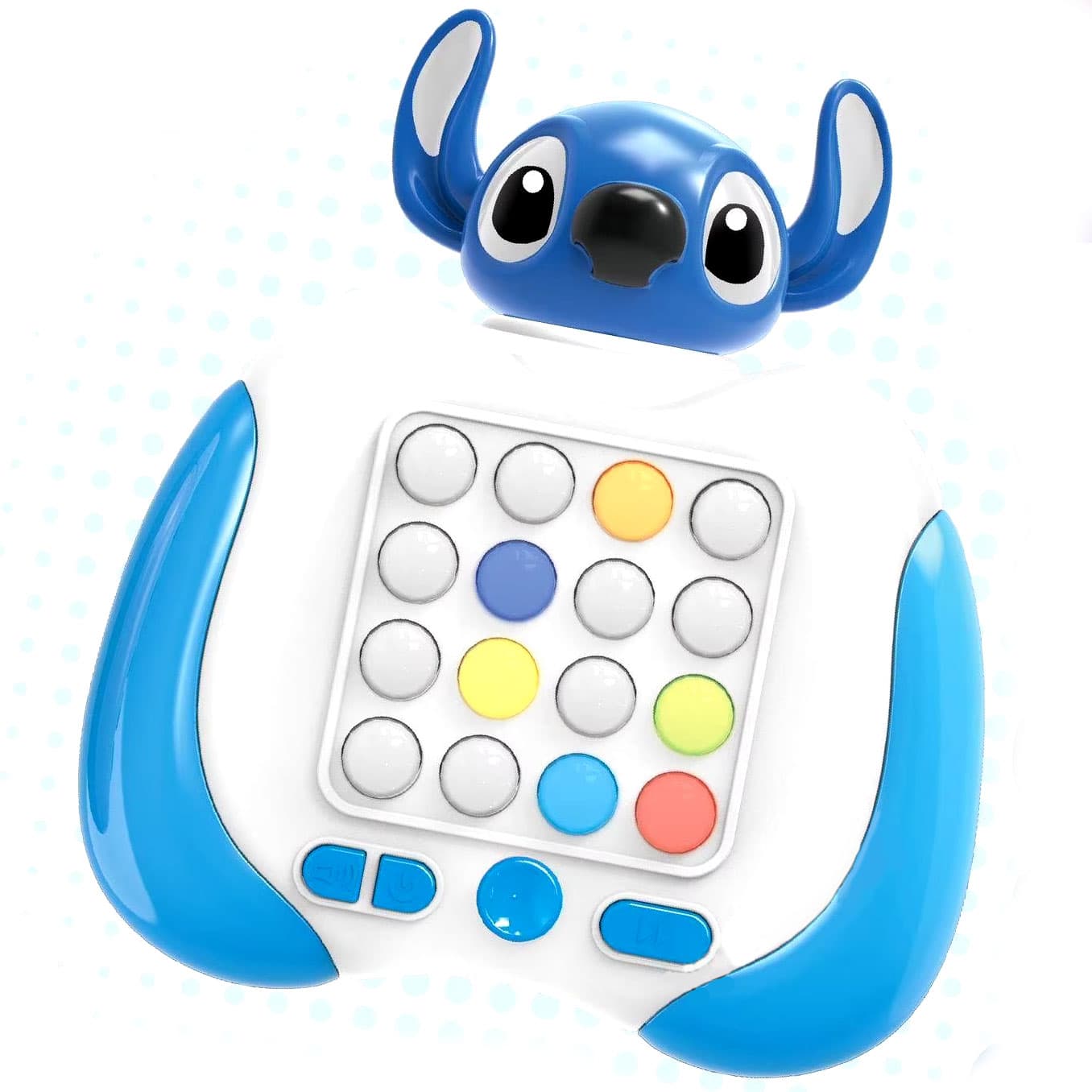 Joc interactiv POPIT Consola, antistres, cu sunete, 16 butoane si lumini RGB, 7 moduri de joc, Stitch Albastru