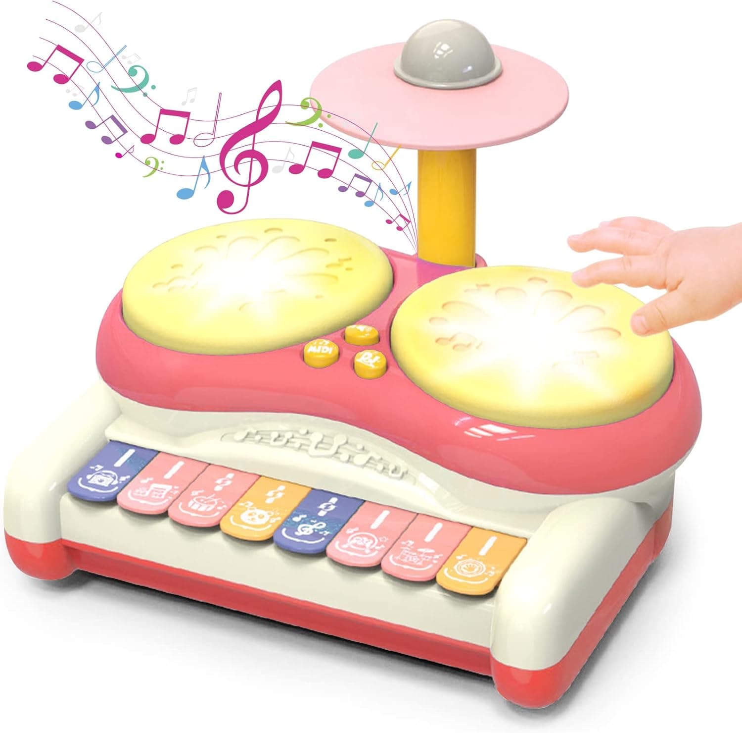 Jucarie interactiva 2 in 1 pentru bebelusi, Toba cu pian si lumini, Jazz Drum, roz