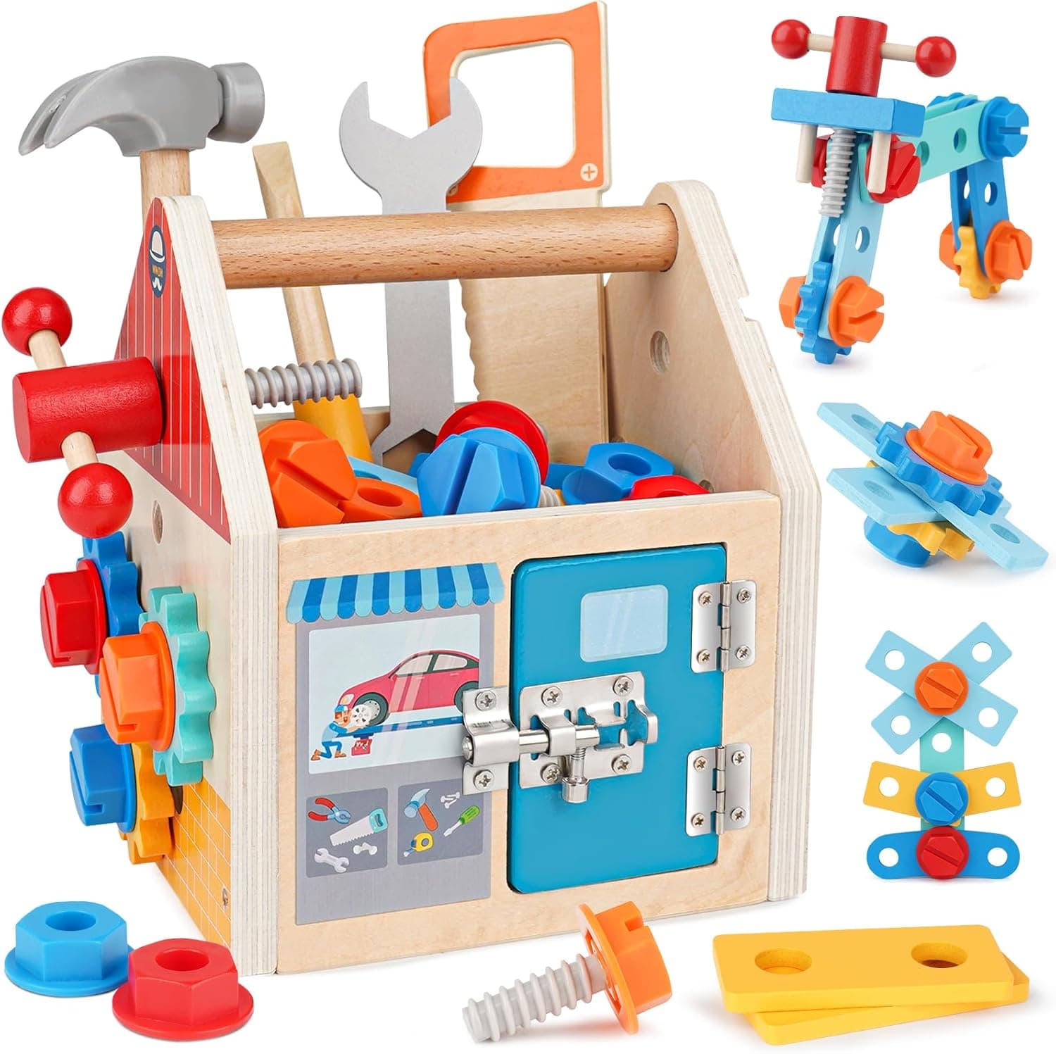 Cutie de Scule Educativa cu Suruburi si Instrumente, Set de Unelte din Lemn pentru Copii