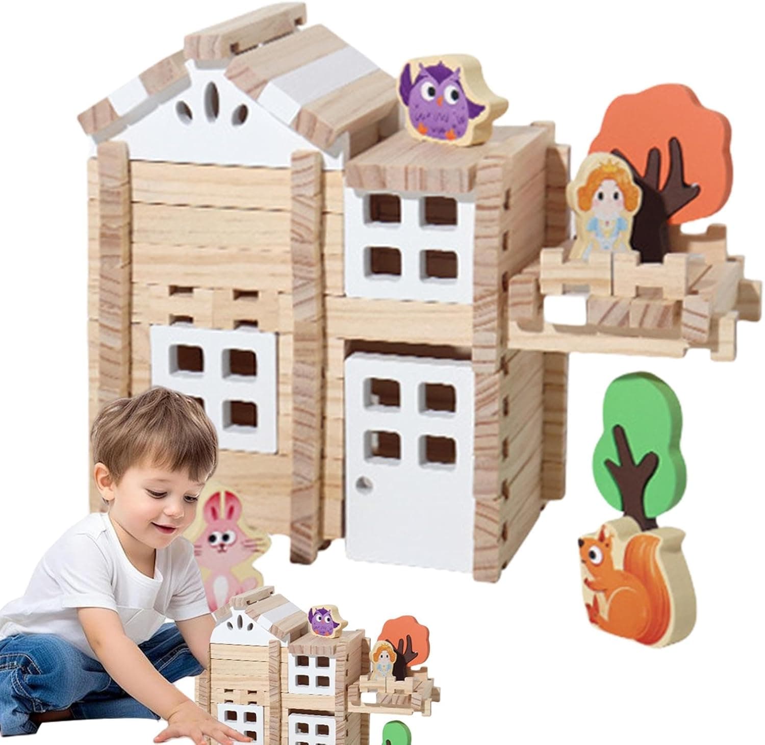Casuta de Construit din Lemn, Model Interactiv cu Imbinari Mortise si Tenon, Montessori, 170 piese