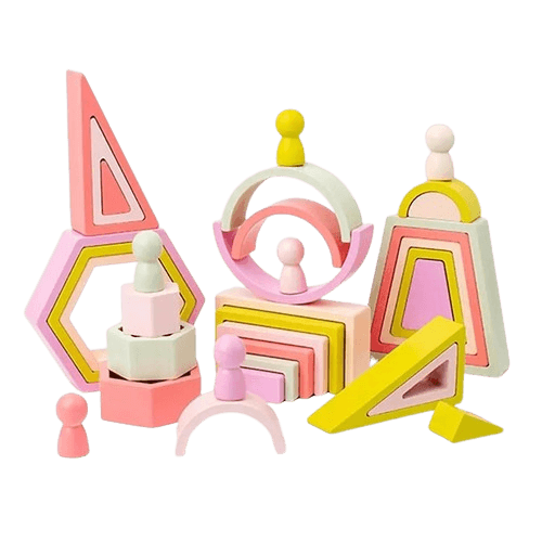 Set 35 de Piese din Lemn, Curcubeu, Culori Pastel, Blocuri de Constructie Montessori pentru Prescolari, 3 Ani+