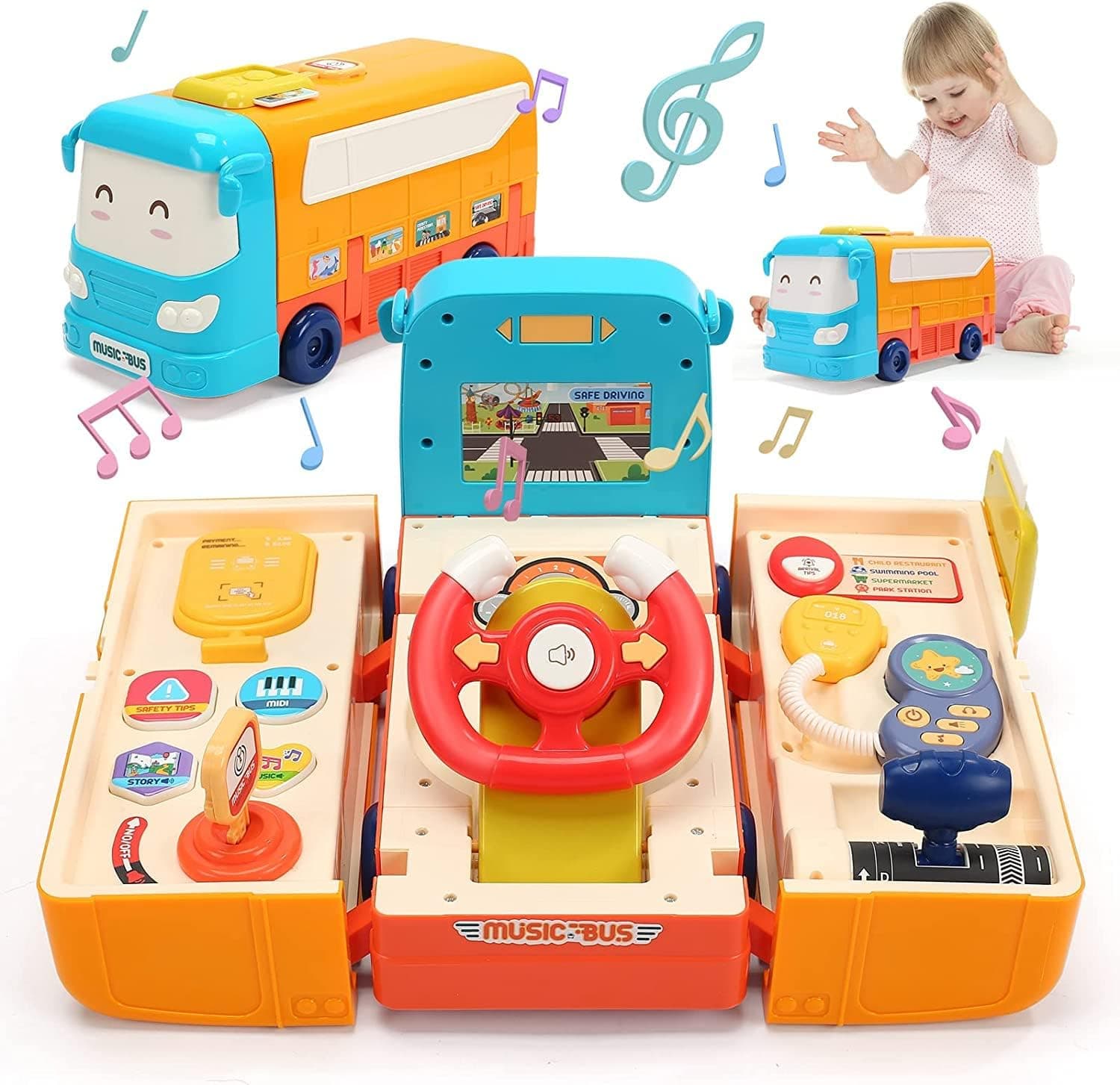 Jucarie interactiva autobuz multifunctional, 2 in 1, cu sunete si lumi, simulare a directiei de mers