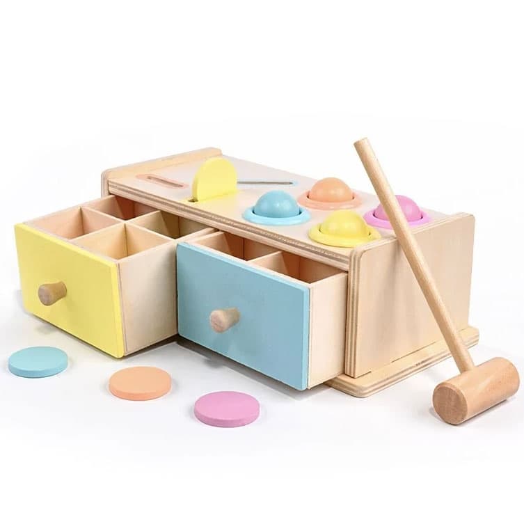 Jucarie pentru baieti si fete, Montessori, cutia permanentei cu jetoane, bilute, ciocanel si sertare, din lemn