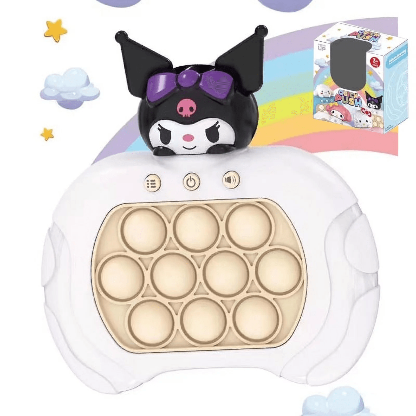 Pop It Game Electronica, Consola Premium, cu Lumini, 3 Culori, 4 Moduri de Joc, Kuromi Alb