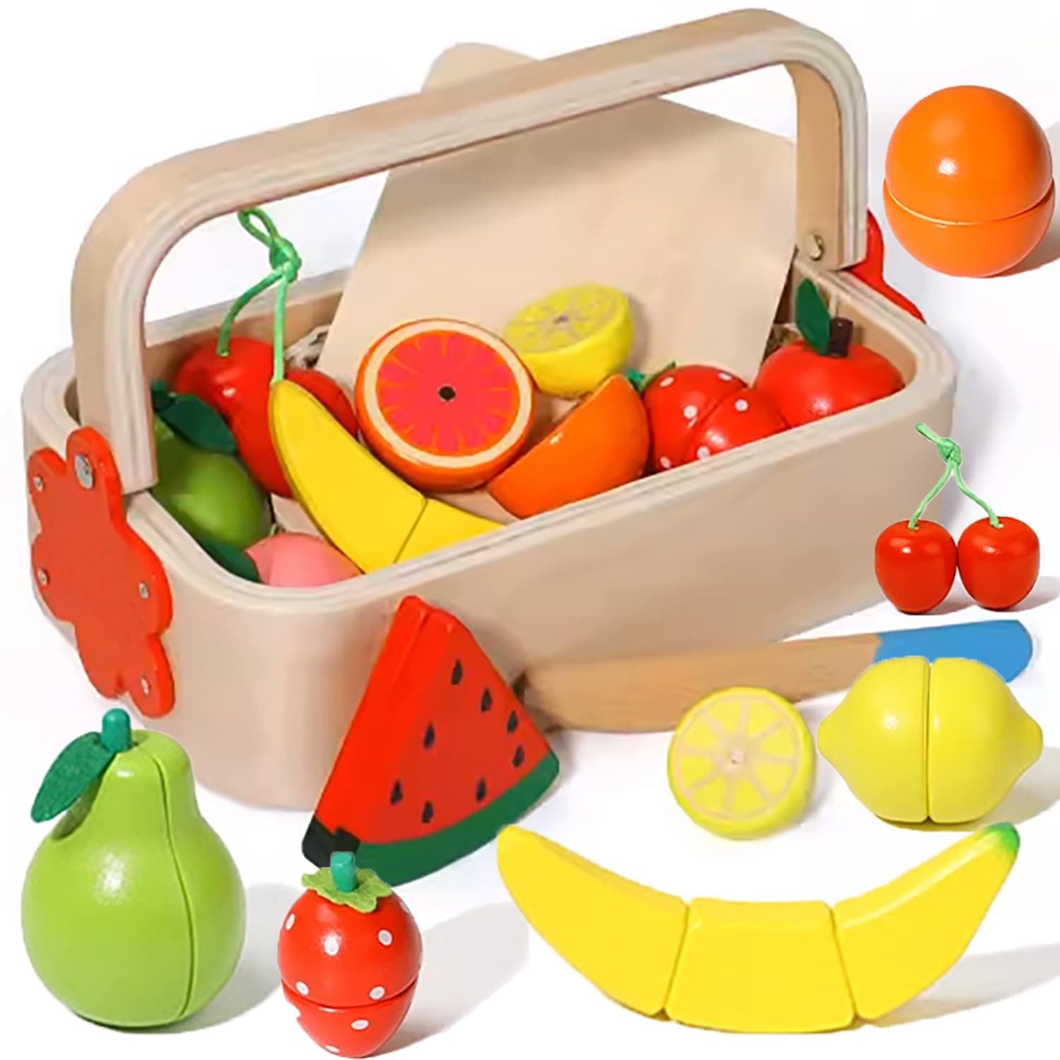Set Cutie de tip Cos cu Tocator si Fructe, cu stickere, din Lemn