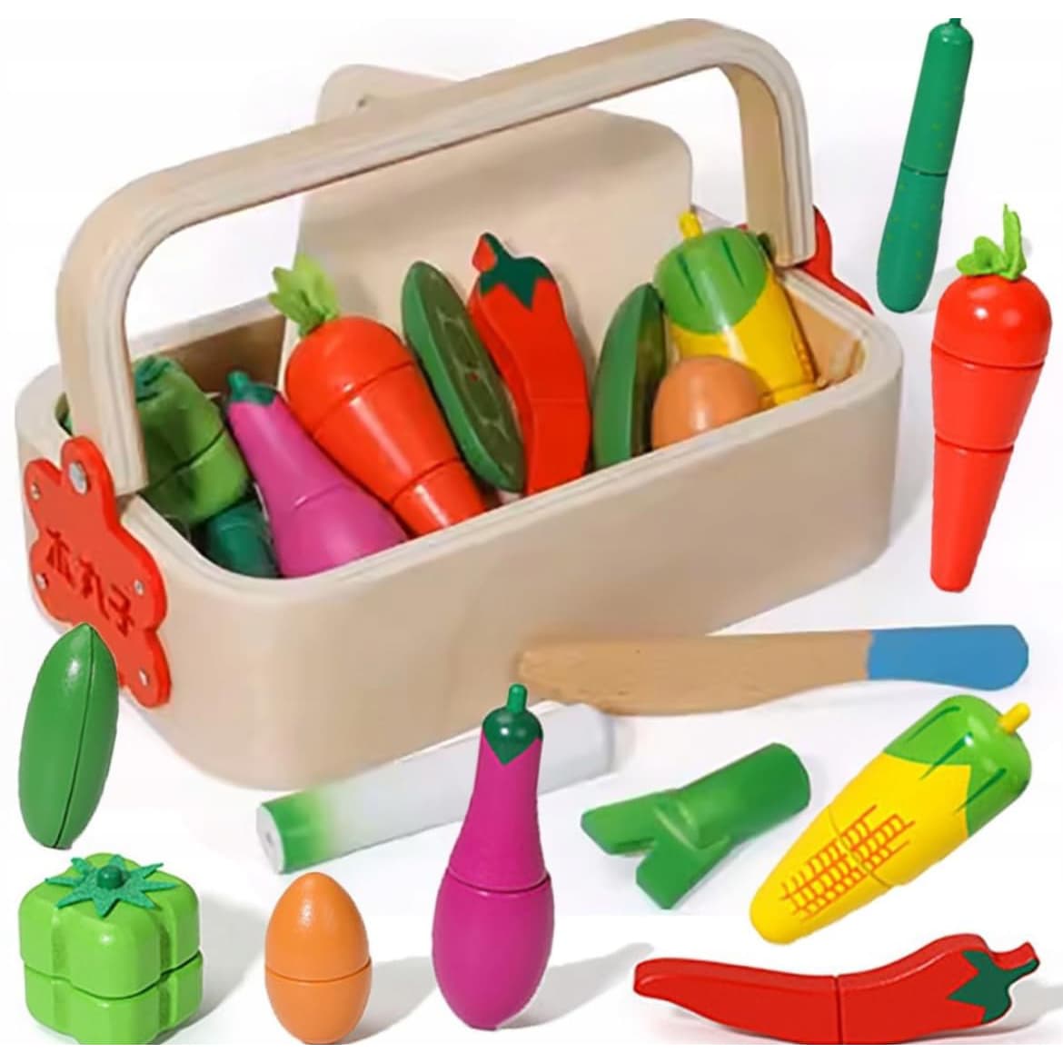 Set Cutie de tip Cos cu Tocator si Legume, cu stickere, din Lemn