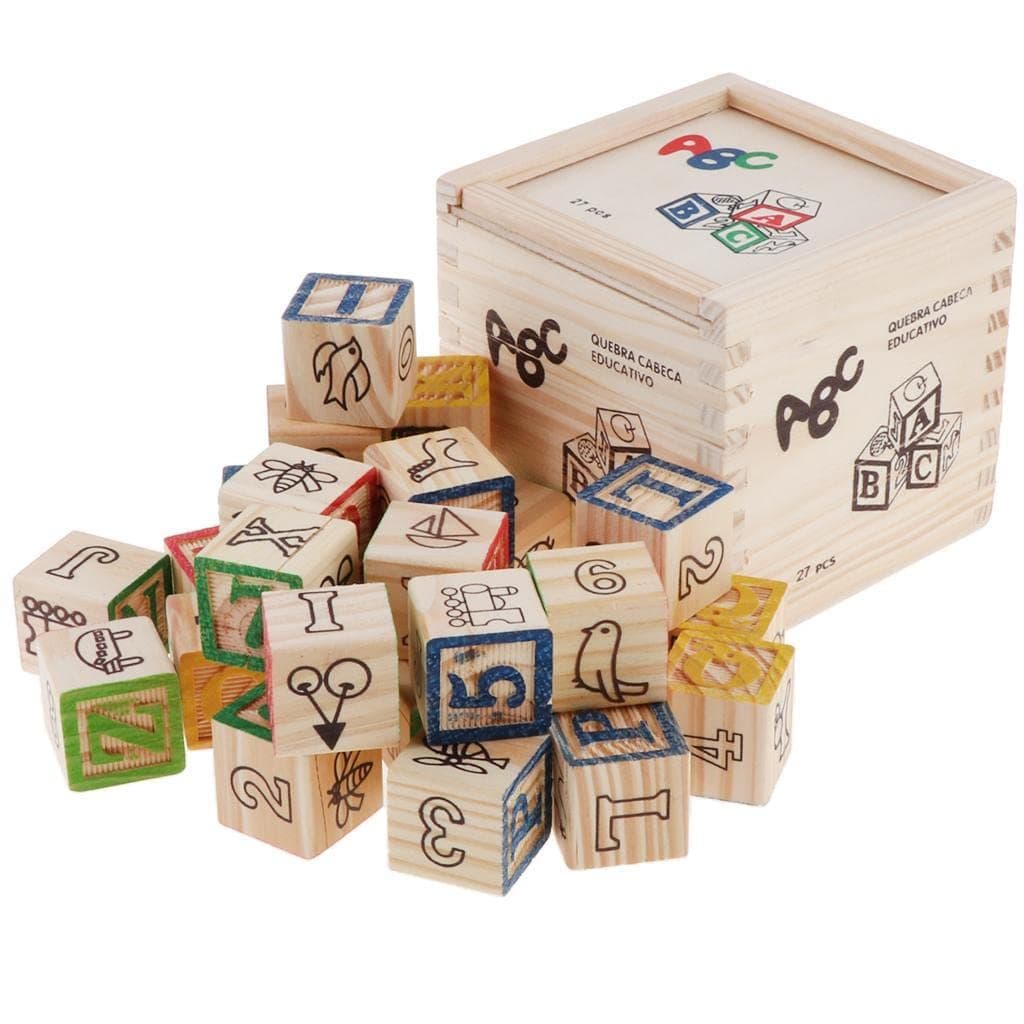 Cuburi din lemn cu litere si cifre Cuburi ABC 123, Montessori, 27 de cuburi