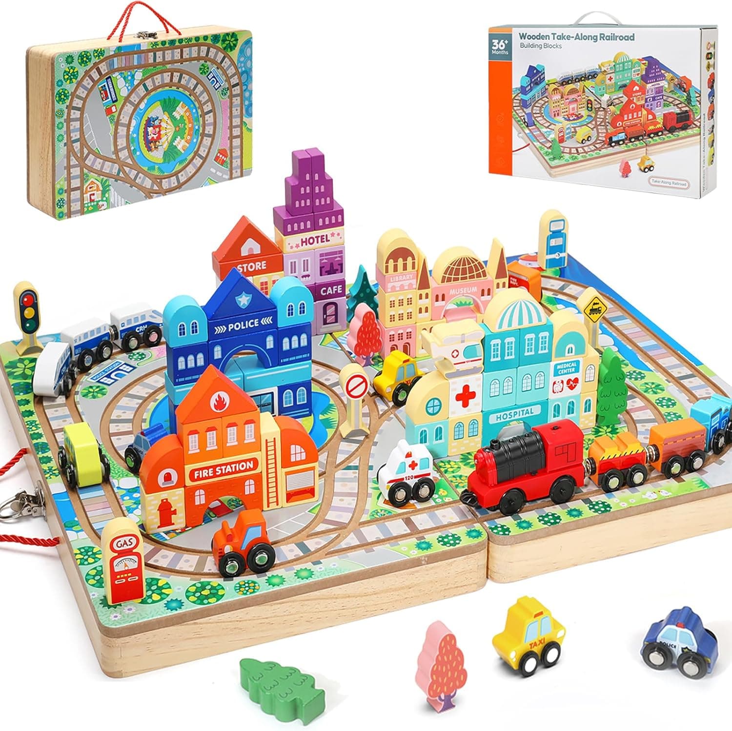 Set din lemn Trenulet si Cuburi de Construit cu Placa Pliabila valiza
