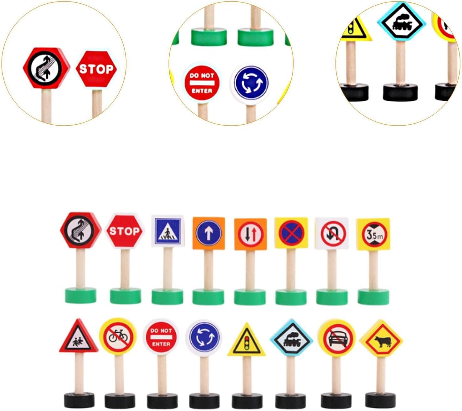 Set 16 piese indicatoare rutiere din lemn, Multicolor