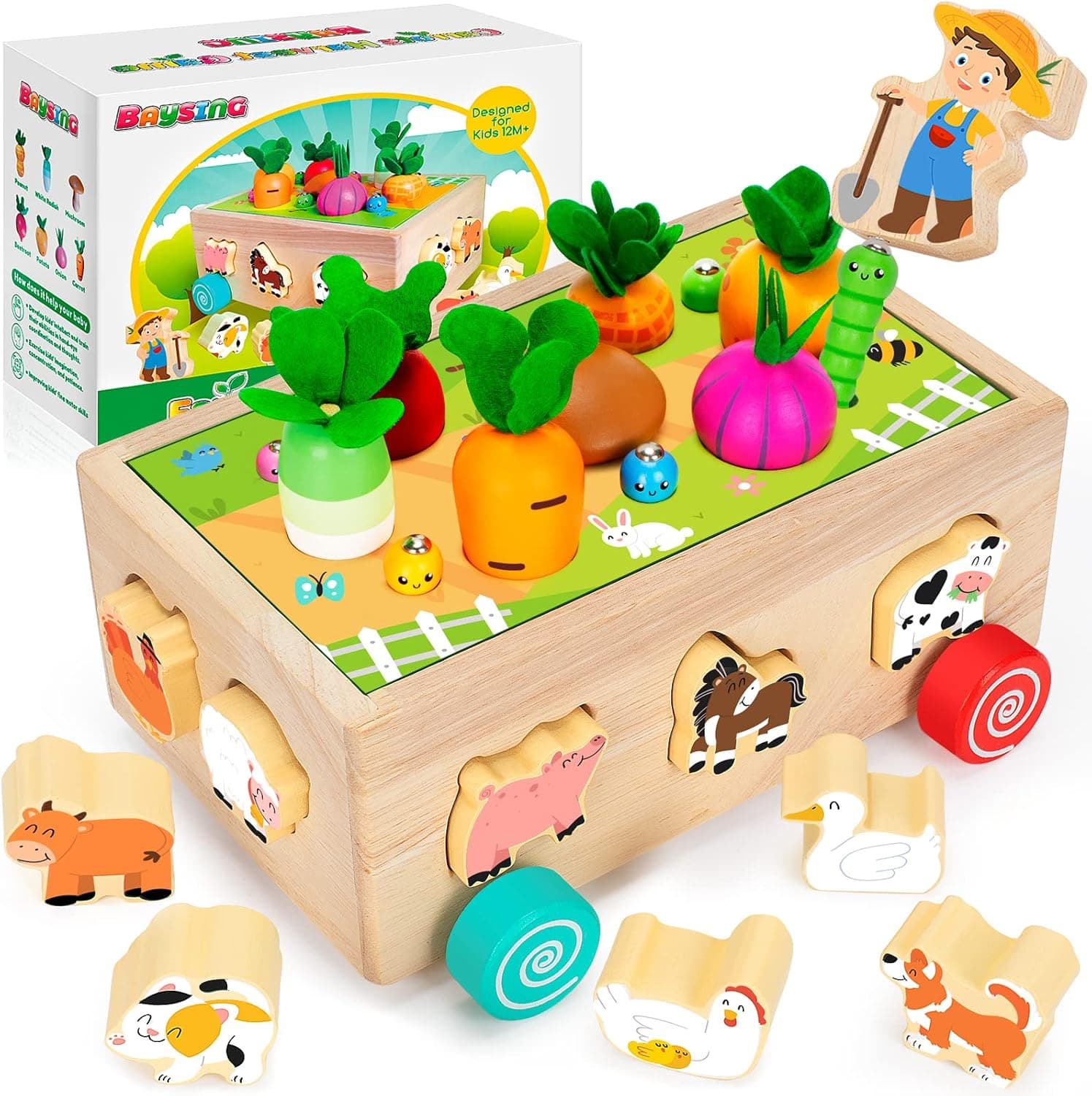 Jucarie Educativa din Lemn 7-in-1 pentru Copii, Sortare Legume, Animale si Culori, Joc Montessori pentru Dezvoltarea Abilitatilor Motorii (12+ luni)